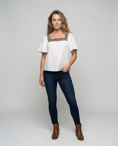 Women's lightweight Boho blouse with square neckline.
