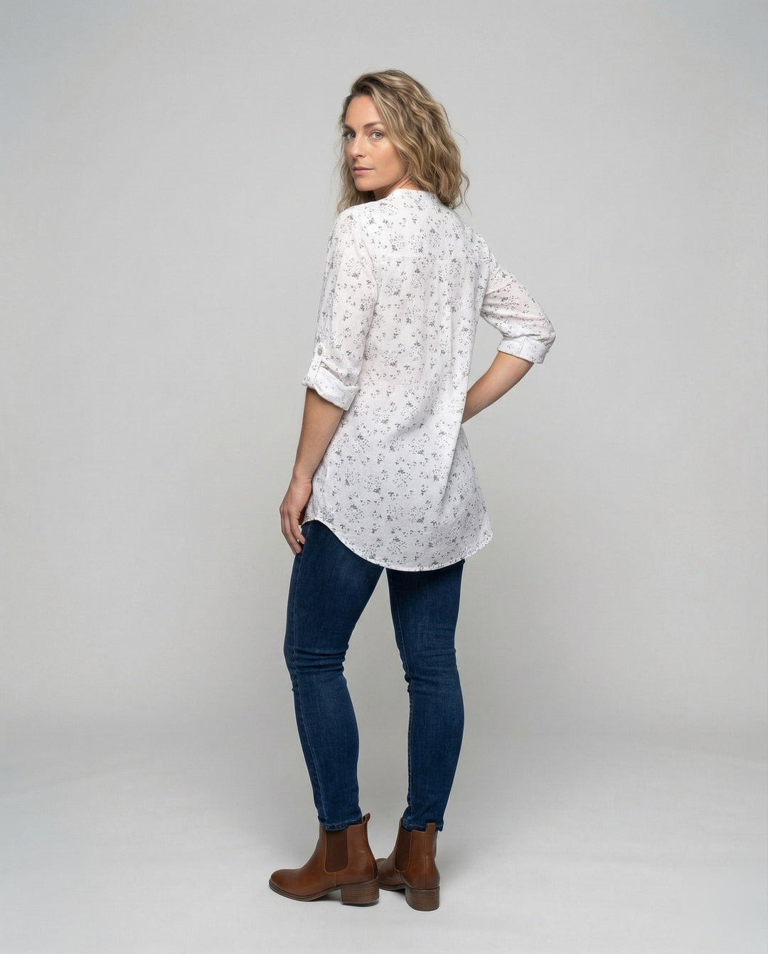 Women’s lightweight linen tunic with floral print.