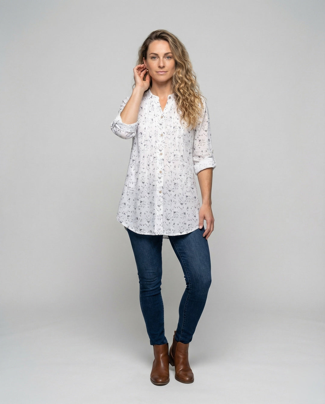 Women’s lightweight linen tunic with floral print.