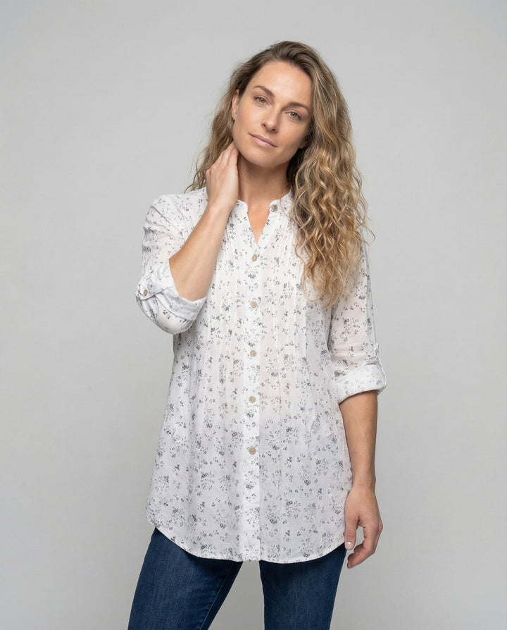 Women’s lightweight linen tunic with floral print.