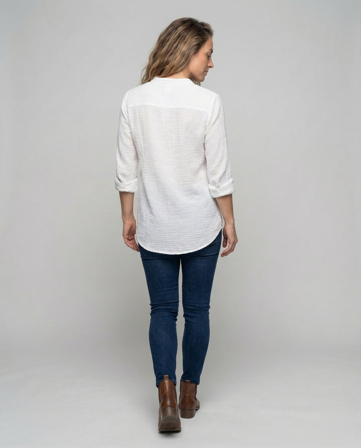 Ladies lightweight muslin tunic with stand-up collar.