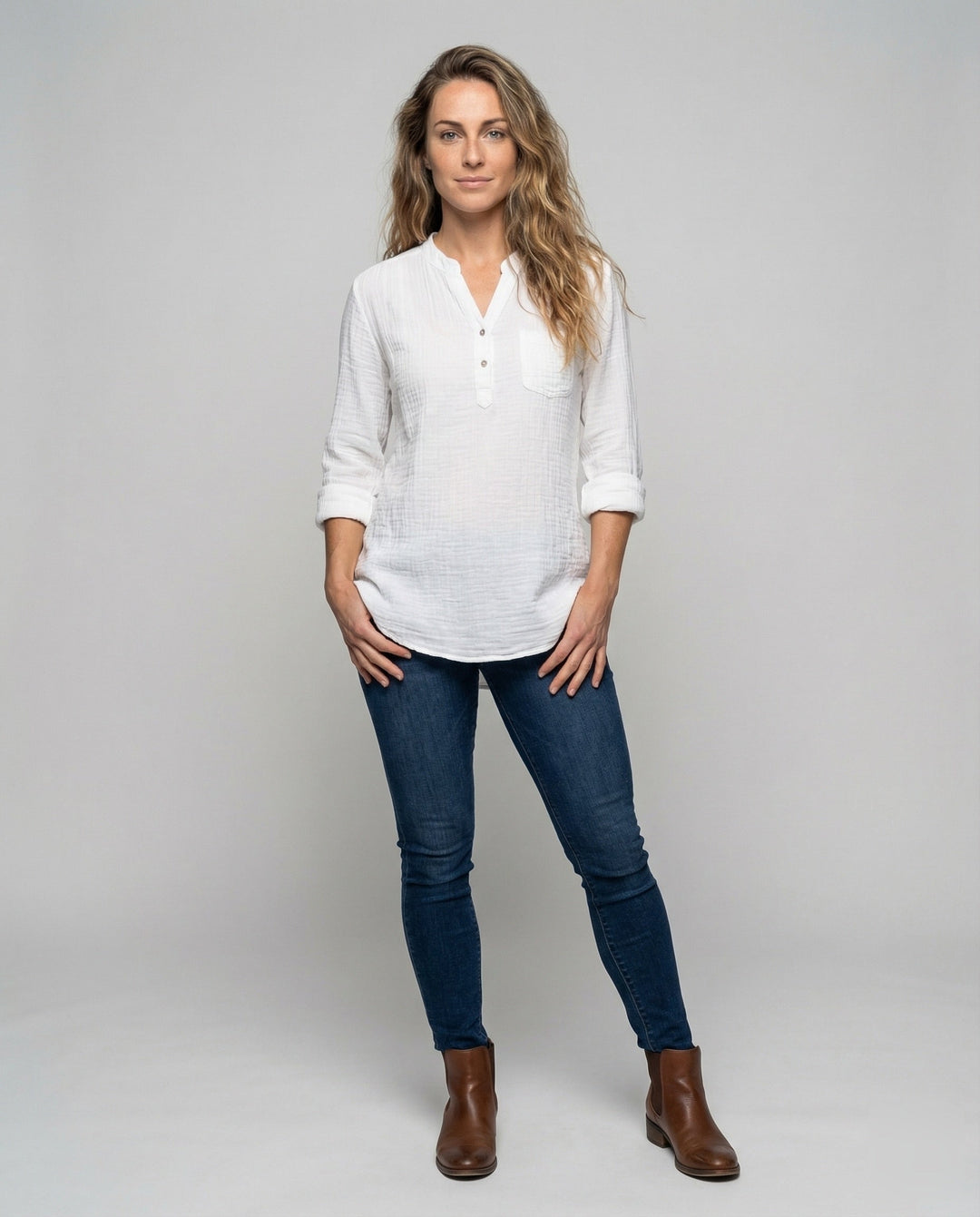 Ladies lightweight muslin tunic with stand-up collar.
