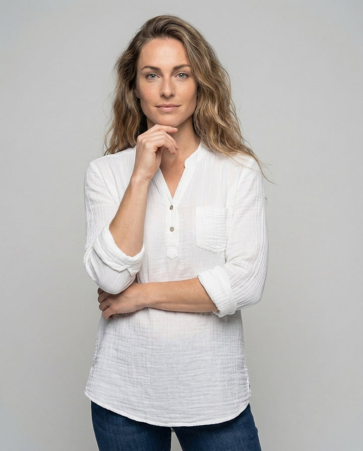 Ladies lightweight muslin tunic with stand-up collar.