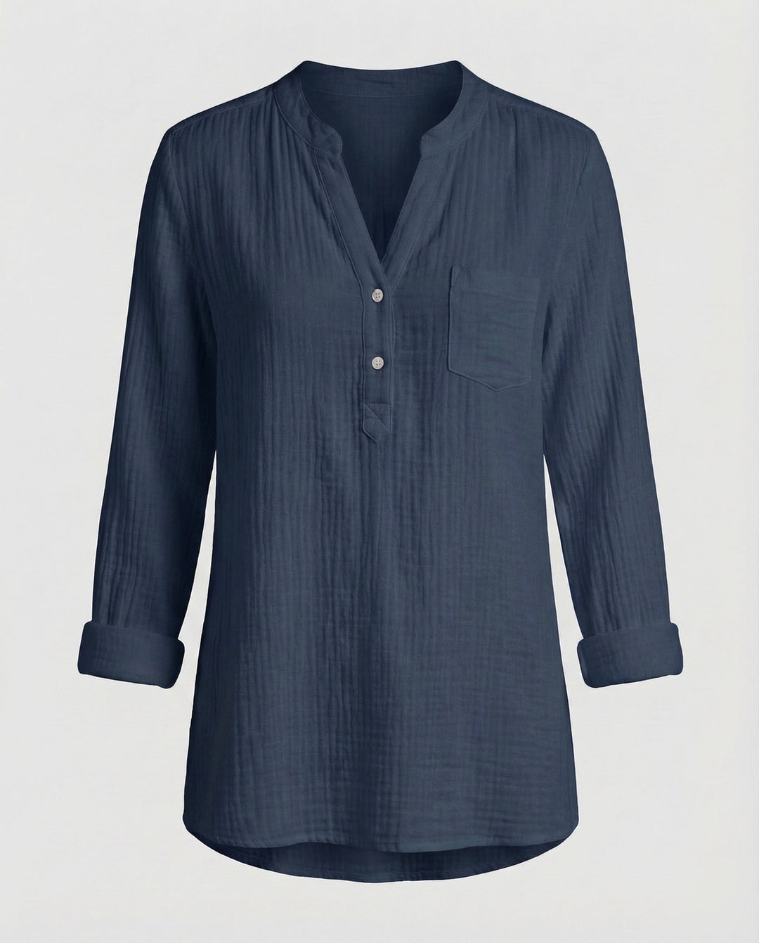 Ladies lightweight muslin tunic with stand-up collar.