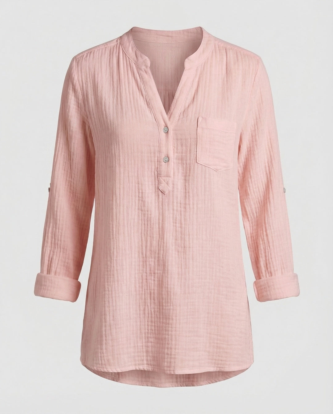 Ladies lightweight muslin tunic with stand-up collar.