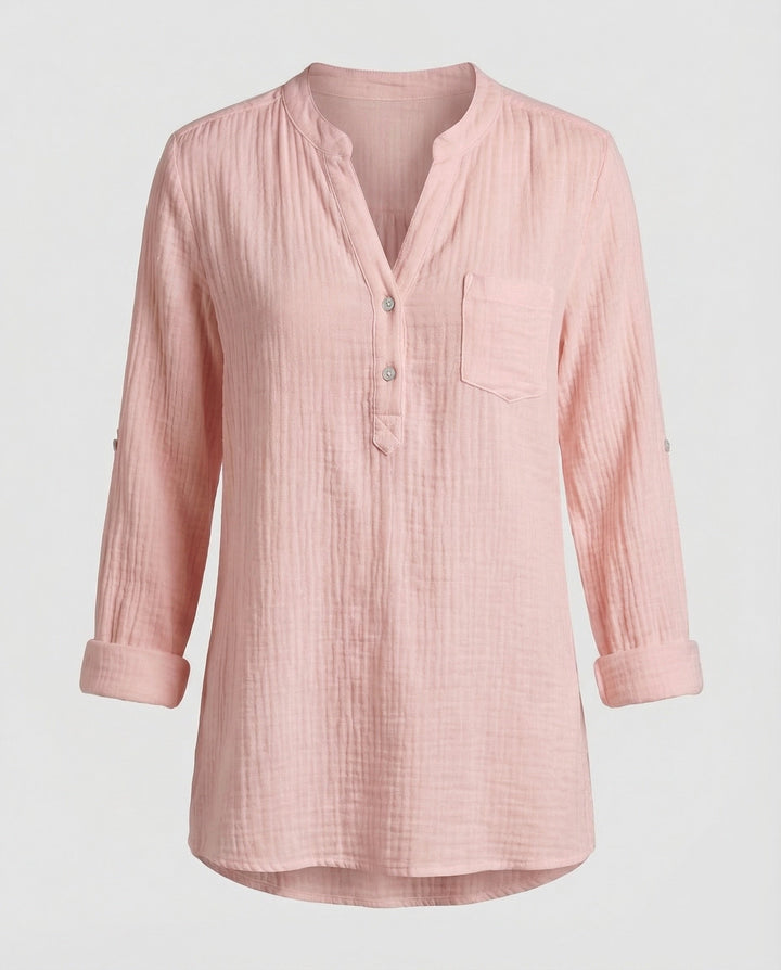 Ladies lightweight muslin tunic with stand-up collar.