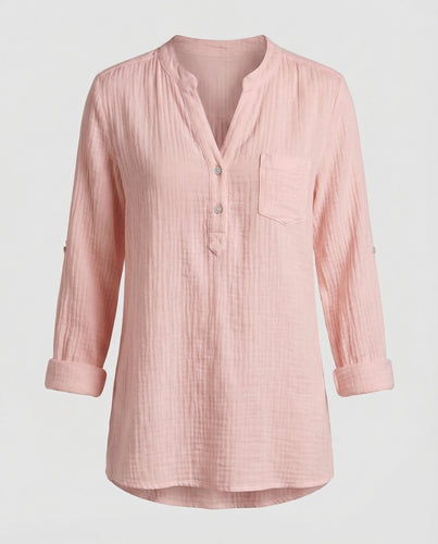 Ladies lightweight muslin tunic with stand-up collar.