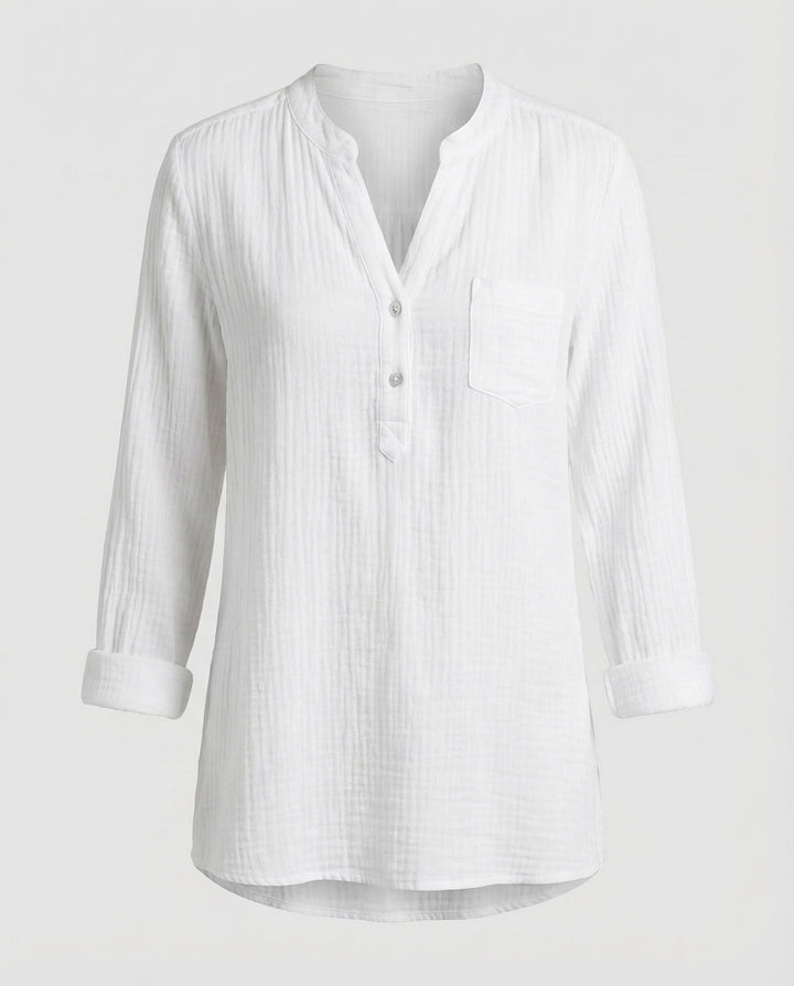 Ladies lightweight muslin tunic with stand-up collar.