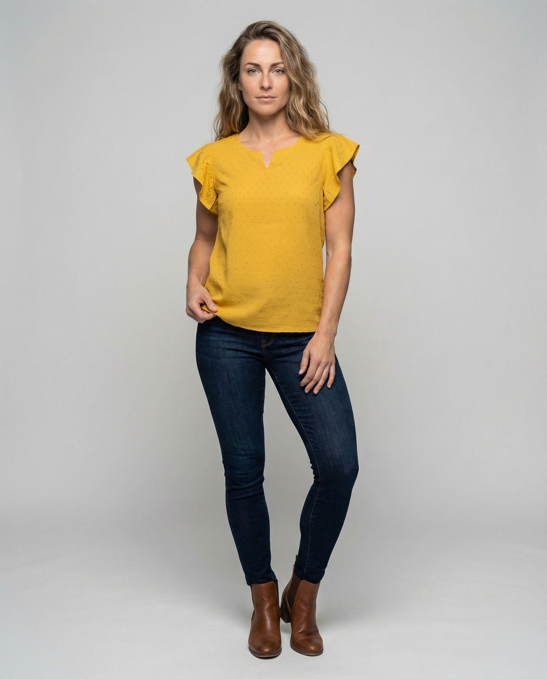 Women's lightweight textured cotton-linen blouse.