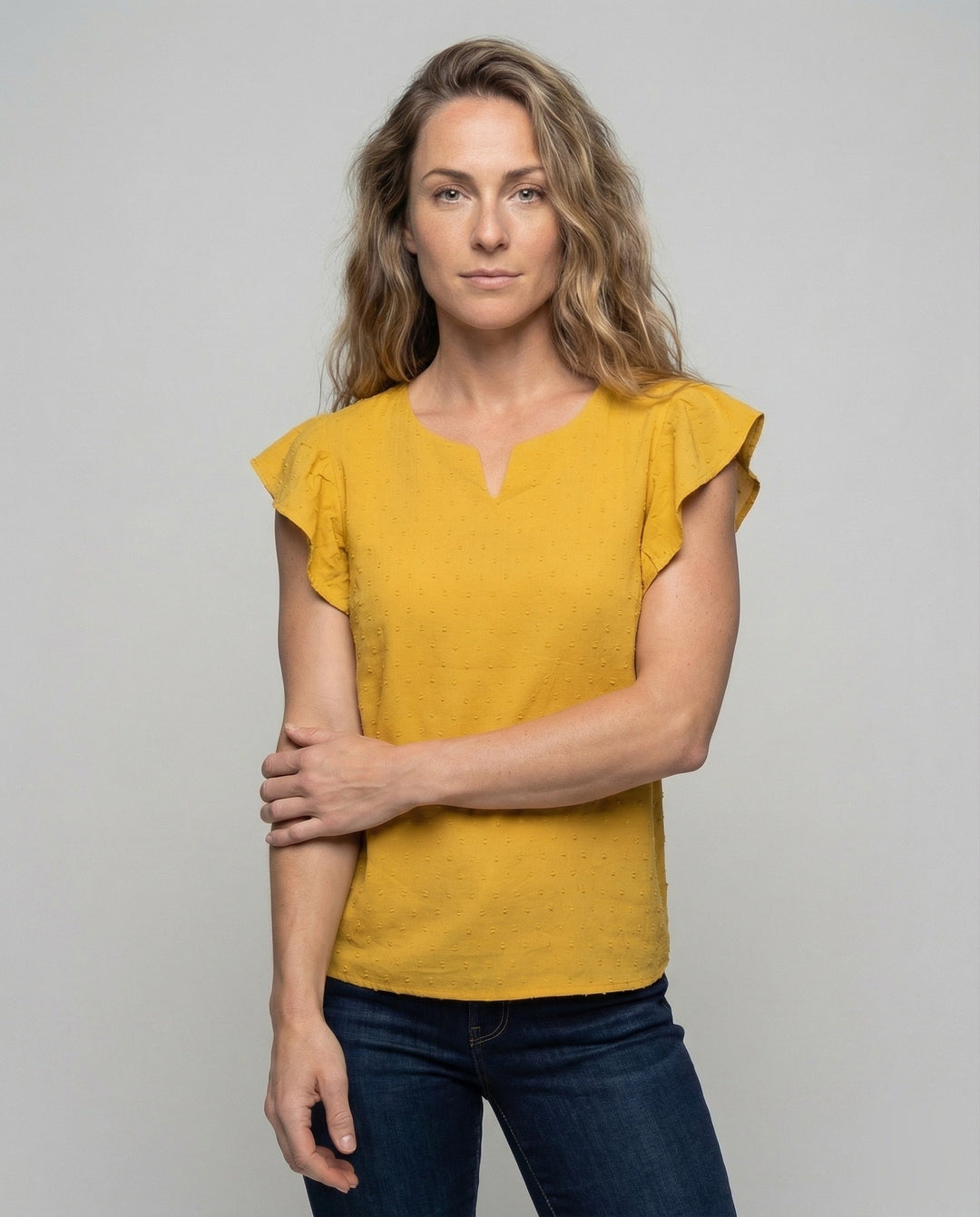 Women's lightweight textured cotton-linen blouse.