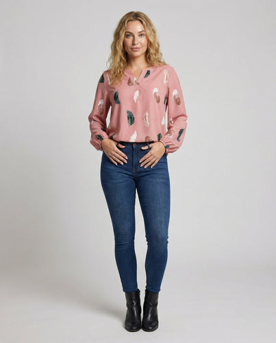 Ladies lightweight viscose blouse with feather print.