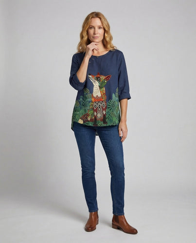 Ladies utility shirt blouse with double breast pockets and V-neck.