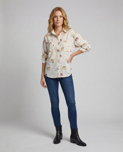 Women's viscose blouse with wrap collar and fitted waistband.