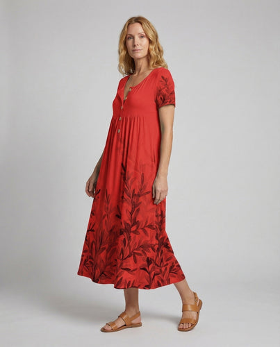 Women's tunic dress with round neckline and softly falling swing hem.