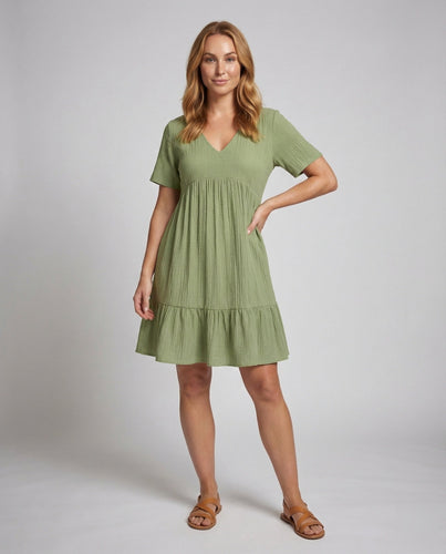 Women linen look midi dress with fine stripes and A-line.