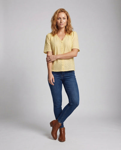 Ladies satin draped top with one-sided short sleeve and elastic hem.