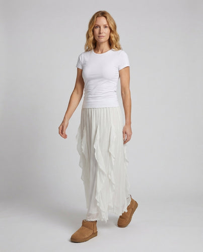 Women's relaxed palazzo pants with wide folded waistband and contoured hip section.