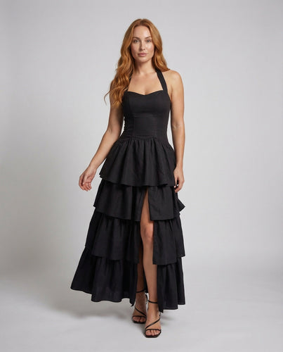 Ladies evening dress with Viennese seams and voluminous pleated skirt.