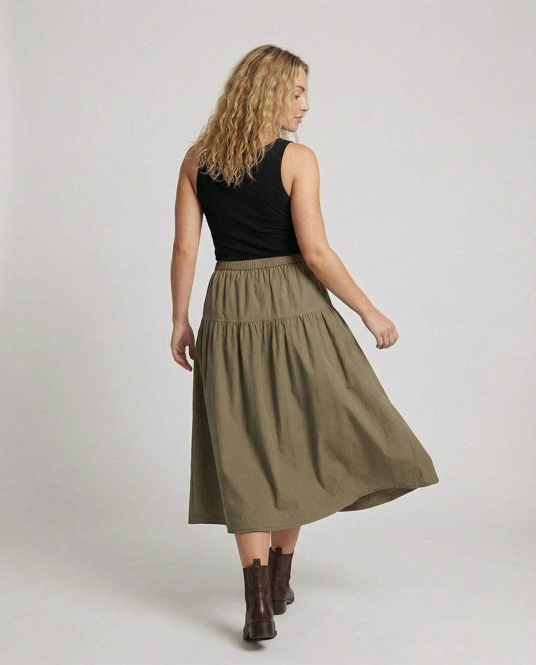 Ladies soft midi tiered skirt with elastic waistband