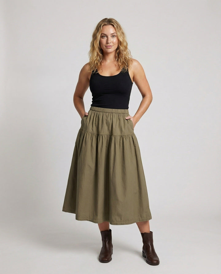 Ladies soft midi tiered skirt with elastic waistband
