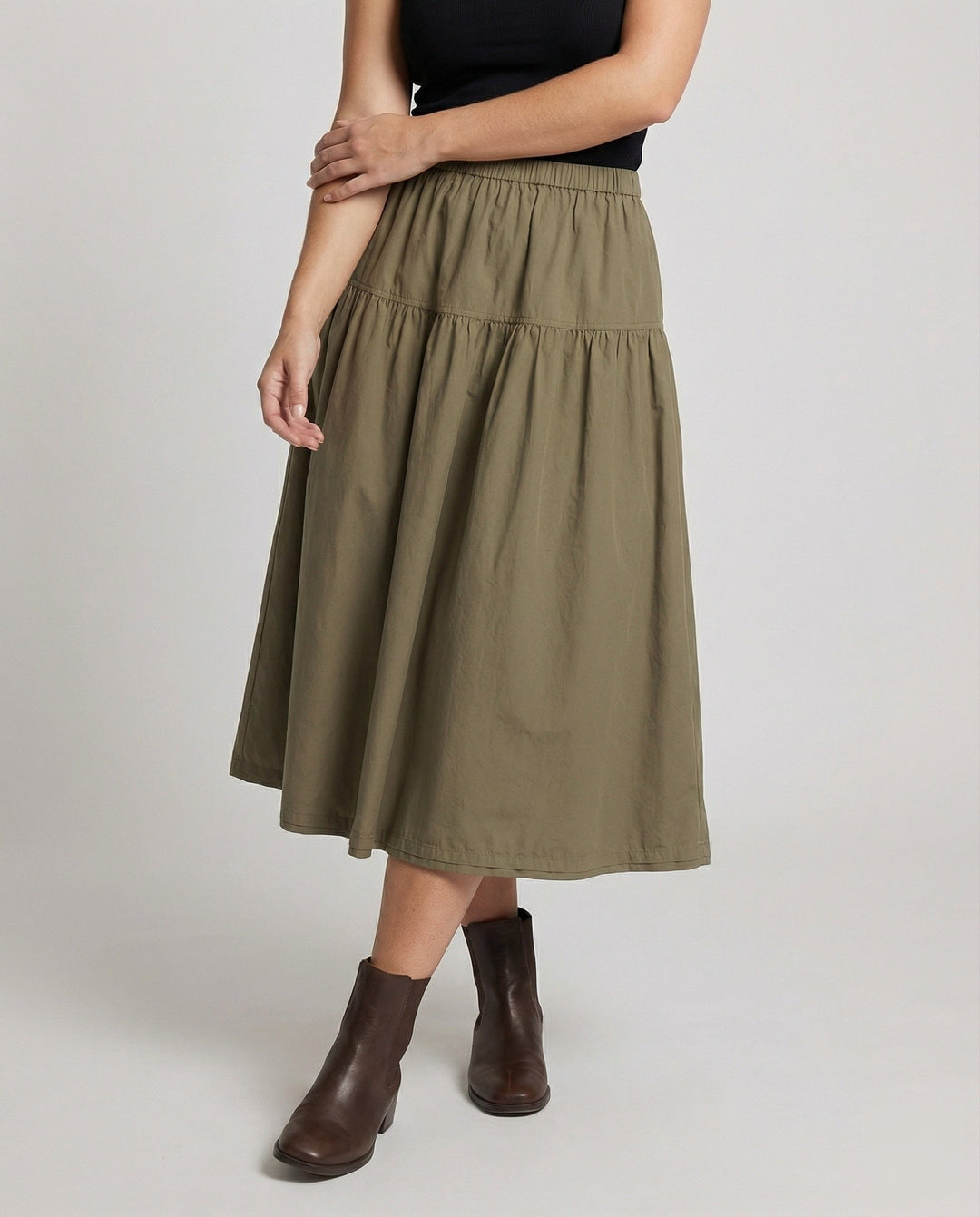 Ladies soft midi tiered skirt with elastic waistband