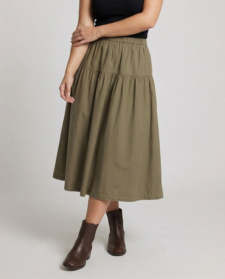 Ladies soft midi tiered skirt with elastic waistband