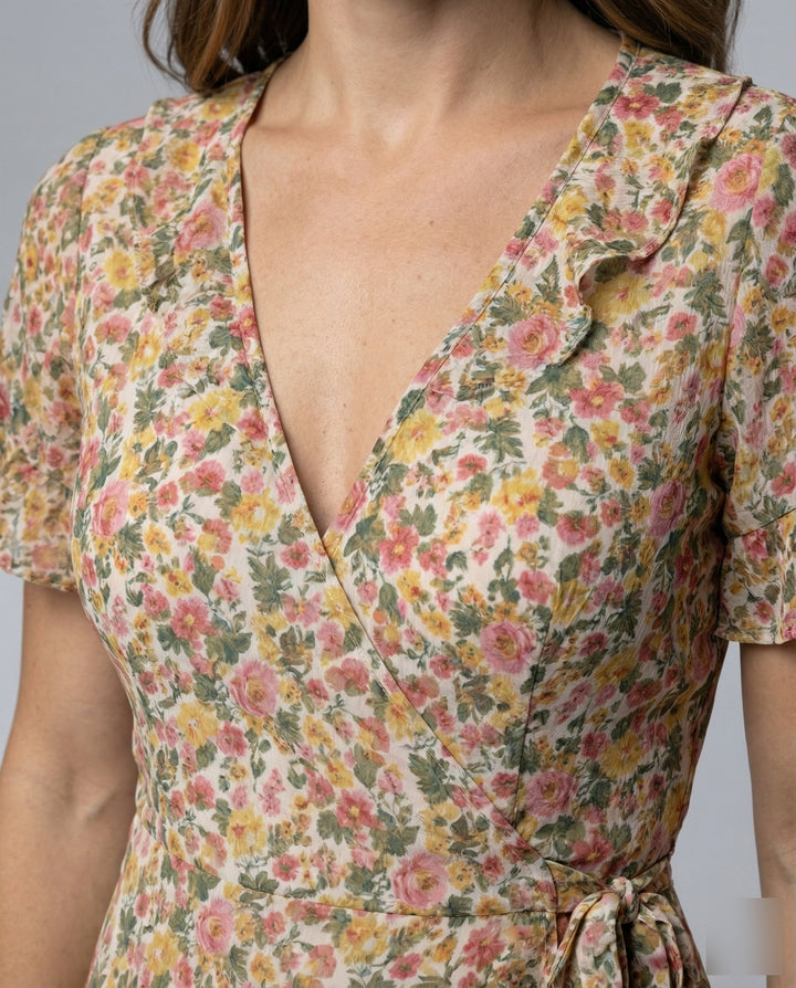 Women's wrap dress with asymmetrical ruffle hem