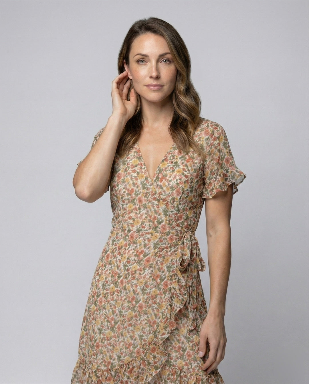 Women's wrap dress with asymmetric ruffle hem