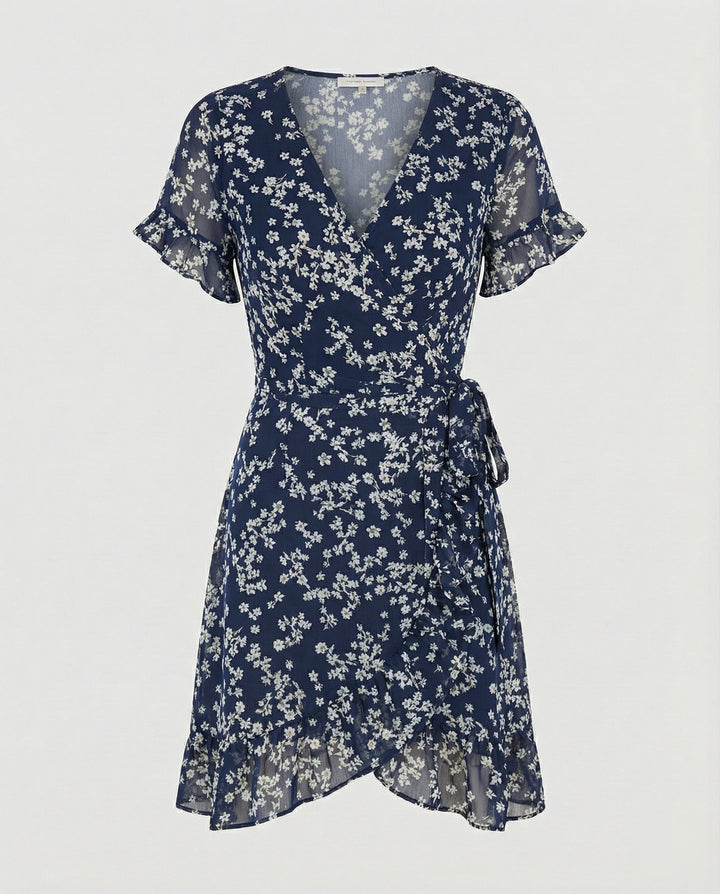Women's wrap dress with asymmetric ruffle hem