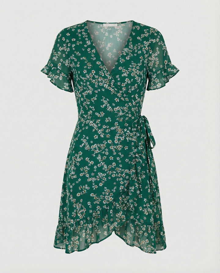 Women's wrap dress with asymmetric ruffle hem