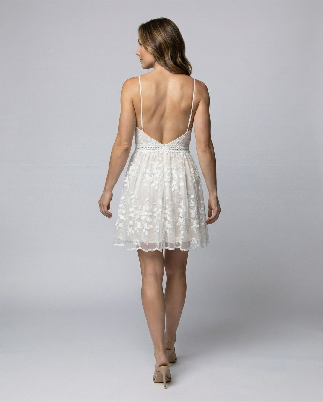 Ladies delicate lace mini dress with spaghetti straps