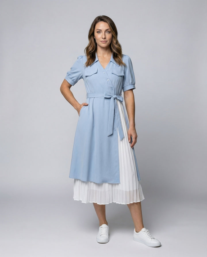 Women's two-layer shirt dress with pleated underskirt