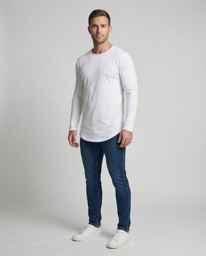 Men's long-sleeved long shirt with rounded hem