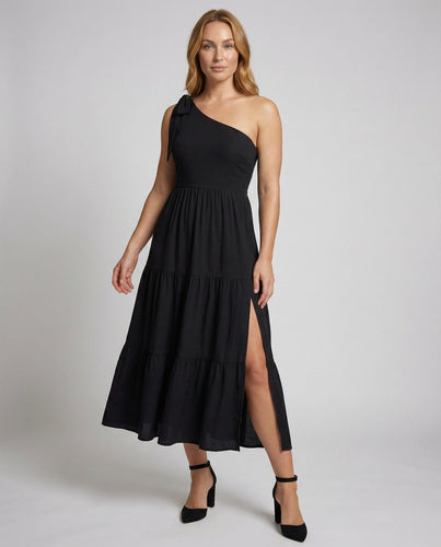 Women's asymmetrical maxi dress with smocked bodice