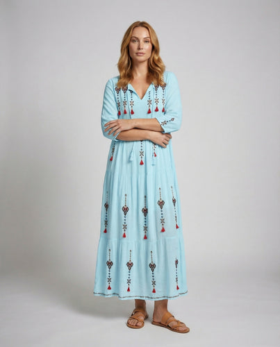 Women embroidered maxi dress with V-neck