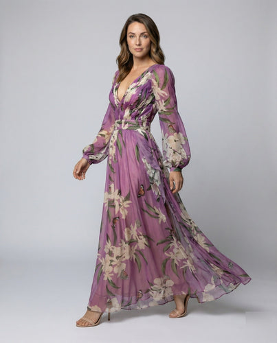Women's Chiffon Maxi Dress with Balloon Sleeves