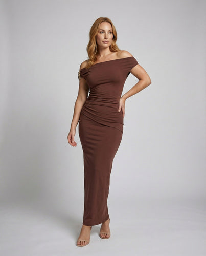 Women's fitted evening maxi dress with off-the-shoulder neckline