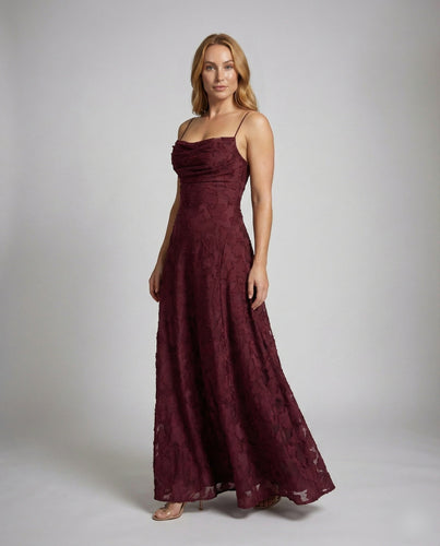 Women's elegant evening dress with waterfall neckline
