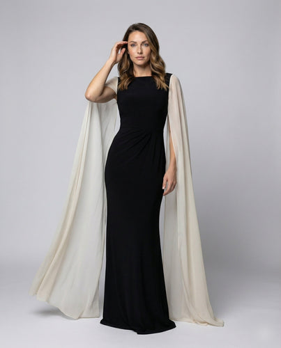Women's form-fitting evening sheath dress with cape