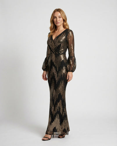 Women's sequined evening gown with balloon sleeves