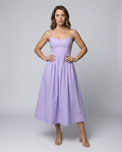 Women’s form-fitting spaghetti strap midi dress with circle skirt