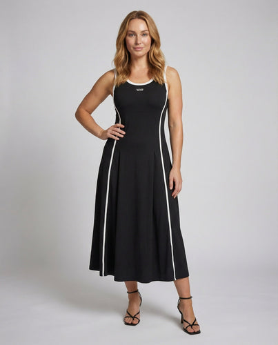 Ladies figure-hugging midaxi dress with tank neck.