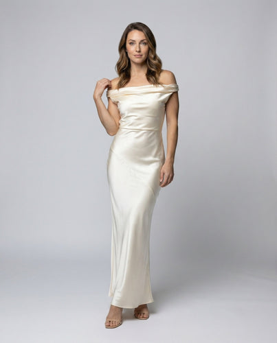 Women's flowing evening dress with waterfall neckline