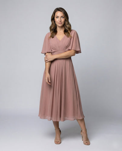 Women's flowing chiffon evening dress with cape sleeves