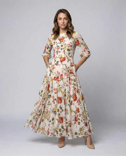 Ladies flowing chiffon maxi dress with floral print