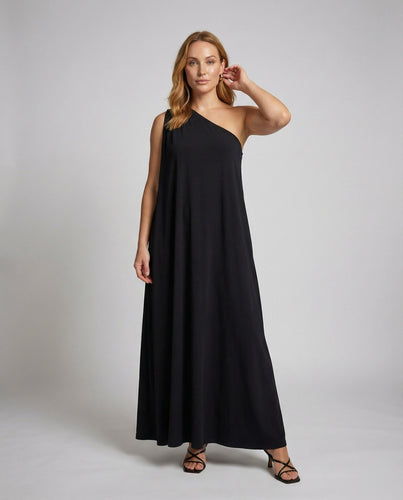 Ladies flowing one-shoulder evening dress in A-line