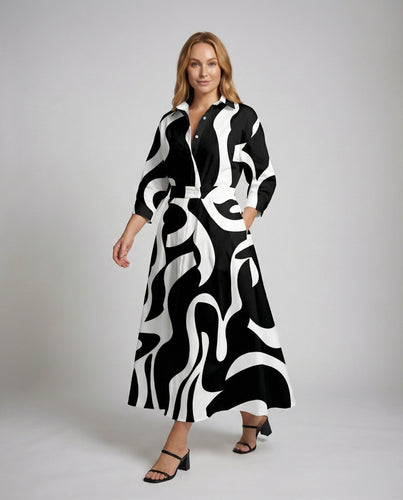 Women's flowing maxi shirt dress with graphic print