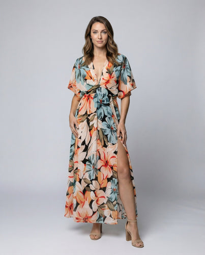 Women's floral maxi dress with kimono sleeves