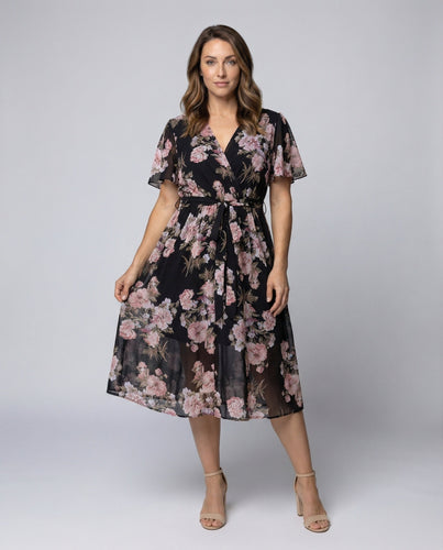 Ladies floral midi dress with chiffon overlay