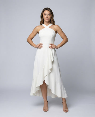 Women's Crossed Halter Cocktail Midi Dress with Ruffled Skirt
